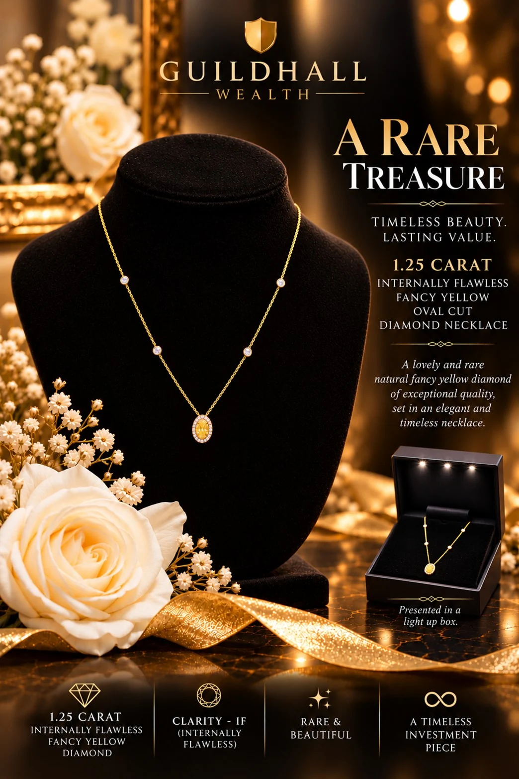1.25-carat fancy yellow oval-cut diamond pendant with white diamond halo on a gold chain with diamond accents, displayed on a black velvet bust